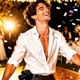 Theo Marchetti, smiling in a white suit